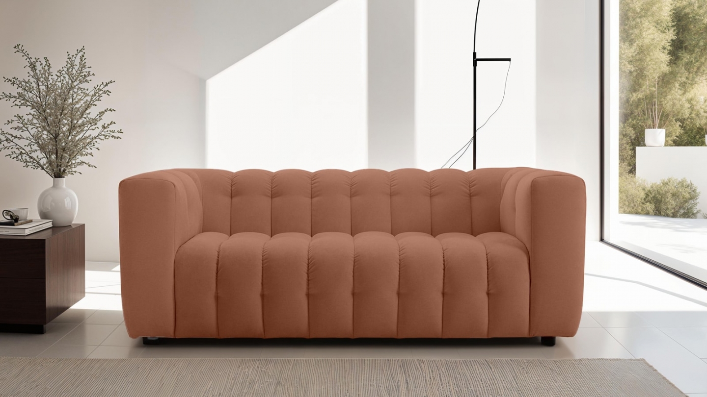 Canapé capitonné 3 places en tissu chenille terracotta - Cester