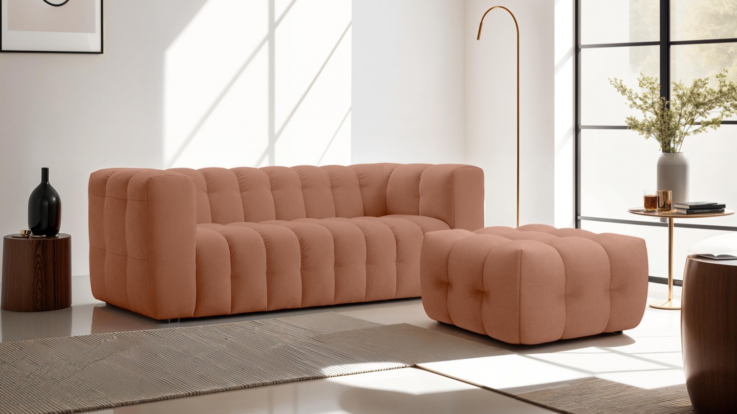 Pouf capitonné en tissu chenille terracotta - Cester