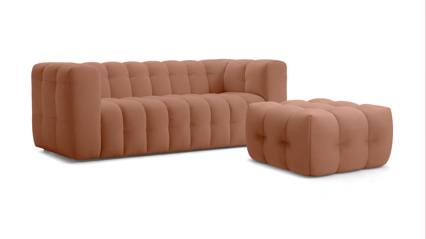 Pouf capitonné en tissu chenille terracotta - Cester