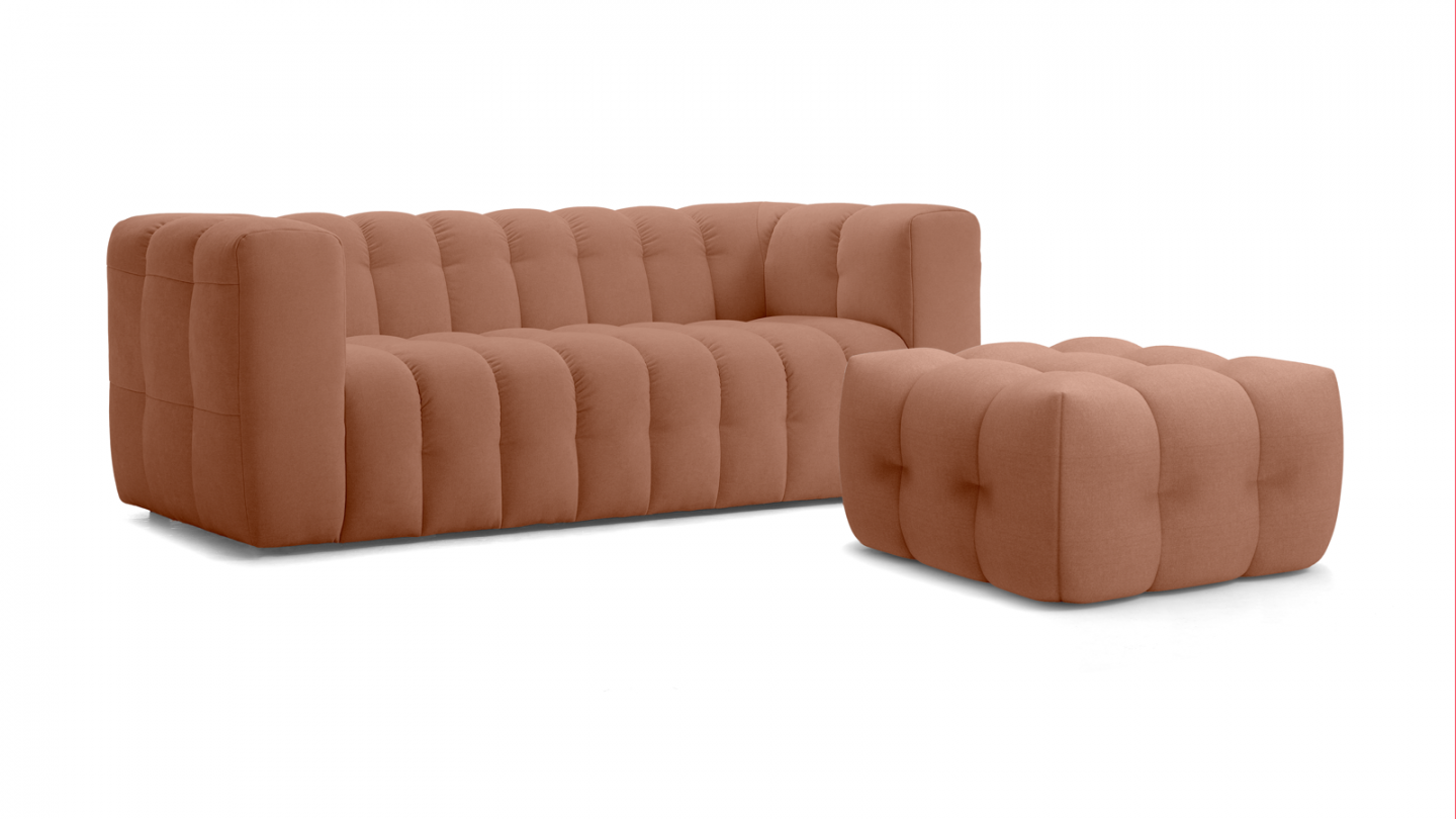 Ensemble Canapé capitonné 3 places + Pouf en tissu chenille terracotta - Cester