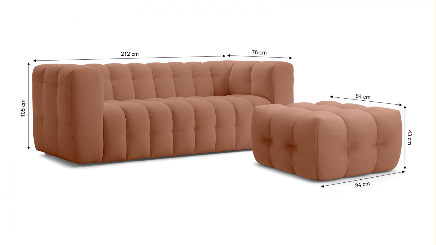 Ensemble Canapé capitonné 3 places + Pouf en tissu chenille terracotta - Cester