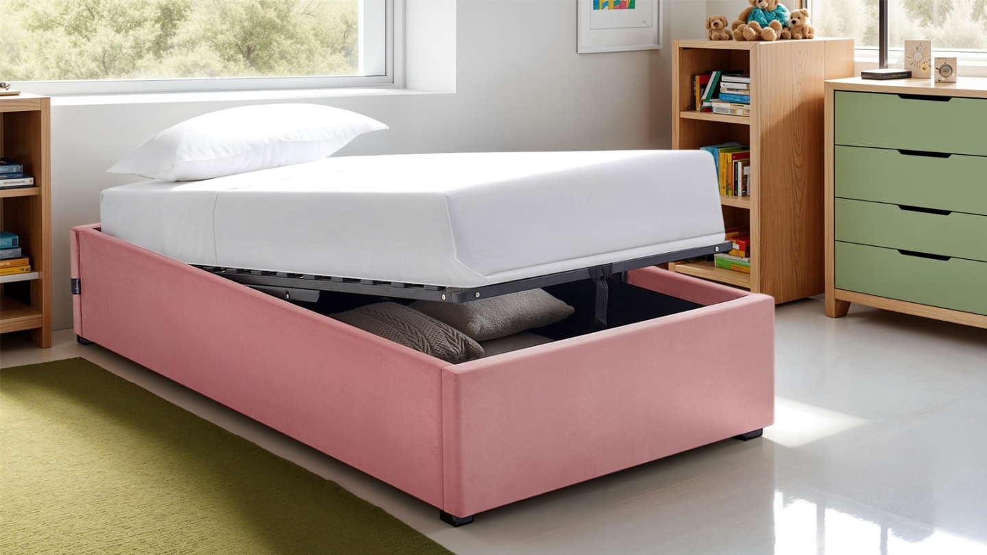 Lit coffre adulte 90x190 cm en velours rose avec sommier - Handy