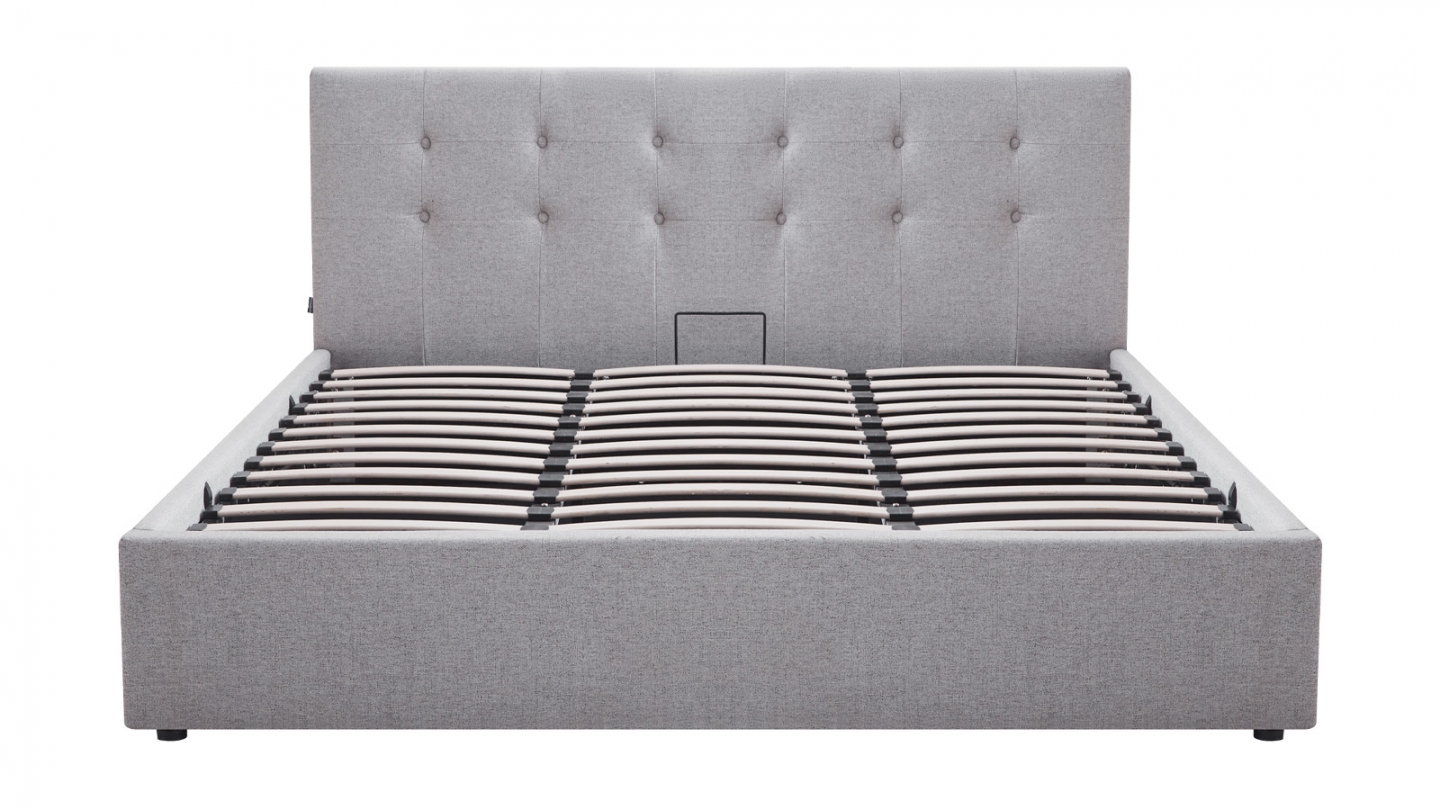 Lit coffre adulte 180x200 cm avec tête de lit capitonnée en tissu gris et sommier - Tina