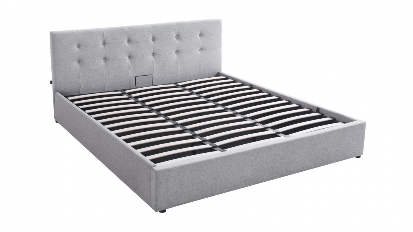 Lit coffre adulte 180x200 cm avec tête de lit capitonnée en tissu gris et sommier - Tina