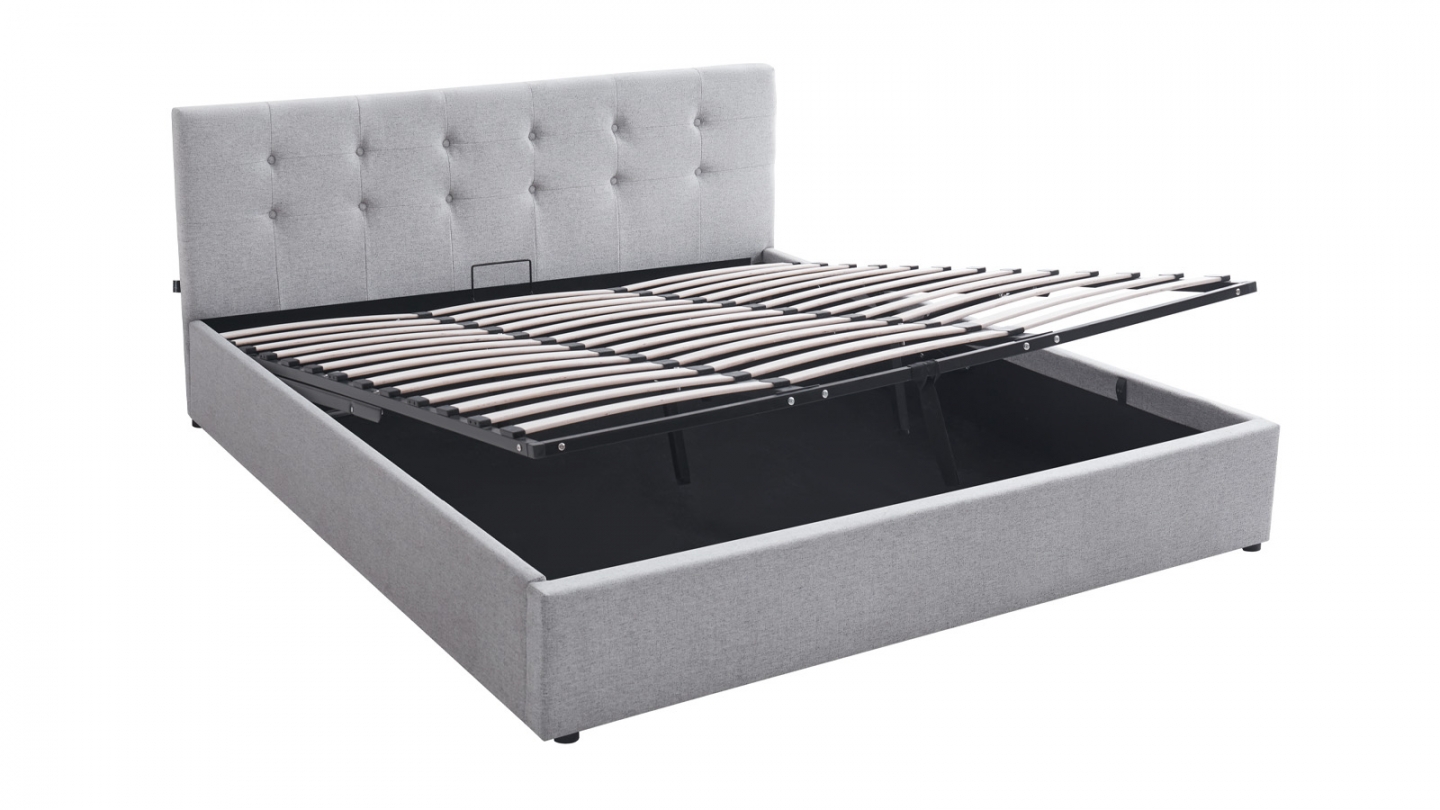 Lit coffre adulte 180x200 cm avec tête de lit capitonnée en tissu gris et sommier - Tina