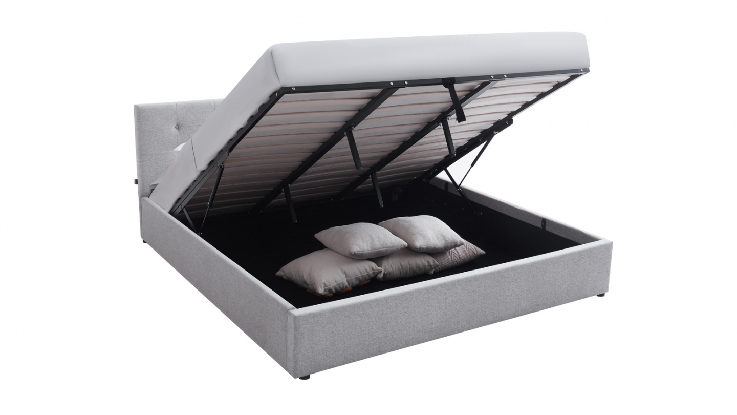 Lit coffre adulte 180x200 cm avec tête de lit capitonnée en tissu gris et sommier - Tina
