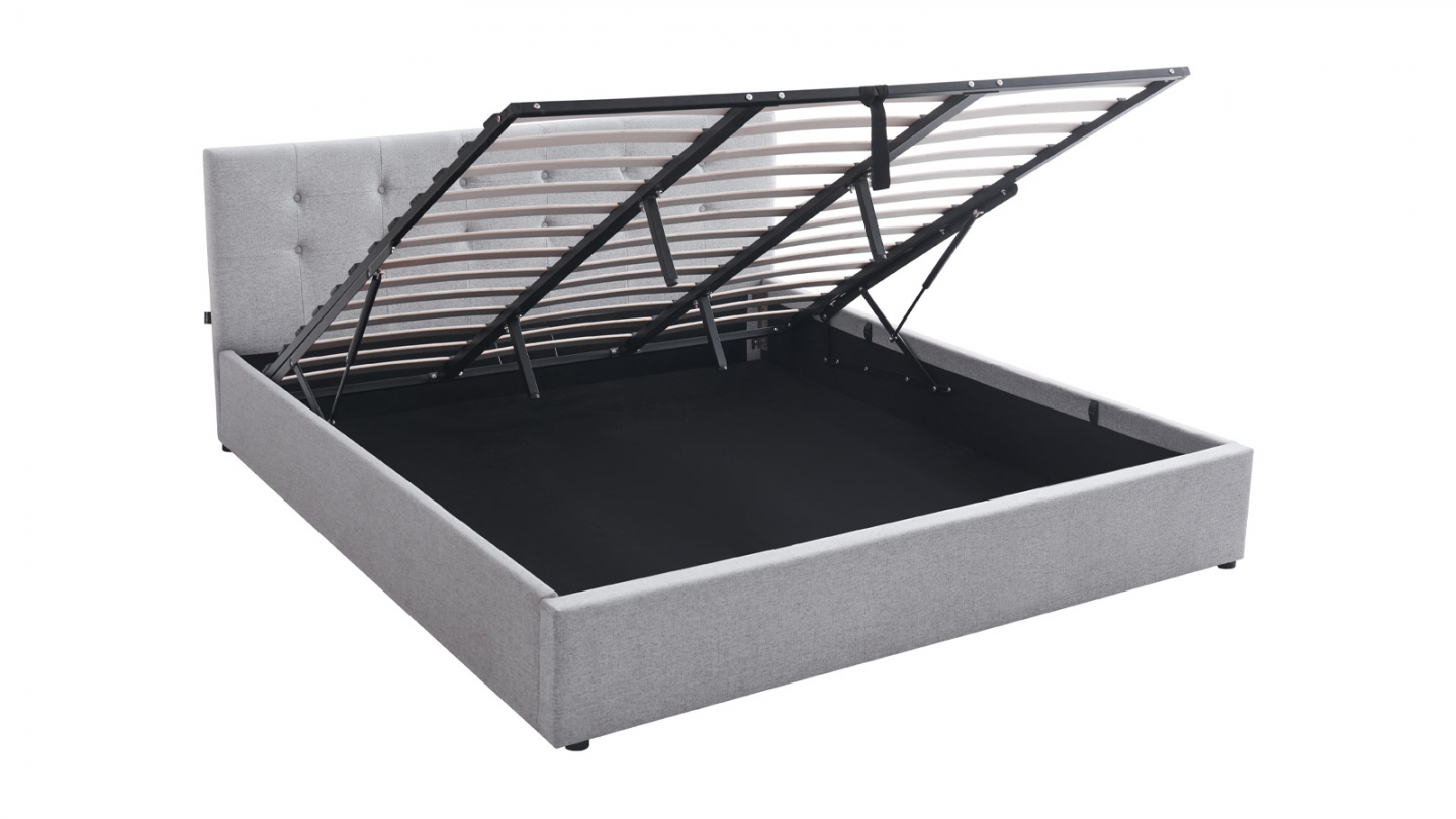 Lit coffre adulte 180x200 cm avec tête de lit capitonnée en tissu gris et sommier - Tina