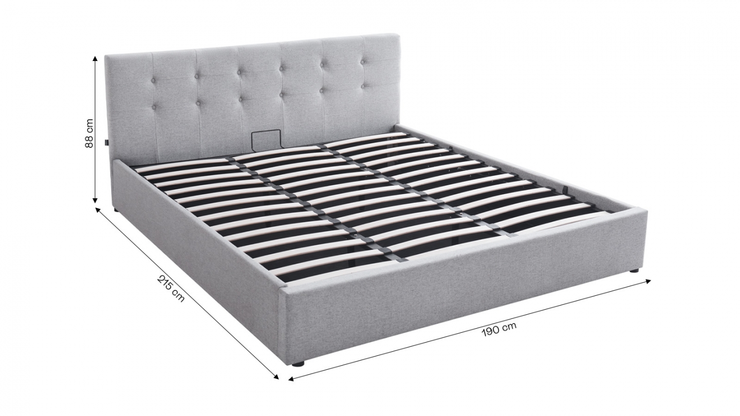 Lit coffre adulte 180x200 cm avec tête de lit capitonnée en tissu gris et sommier - Tina