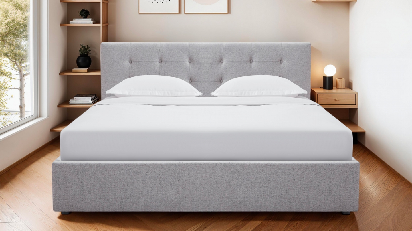 Lit coffre adulte 180x200 cm avec tête de lit capitonnée en tissu gris et sommier - Tina