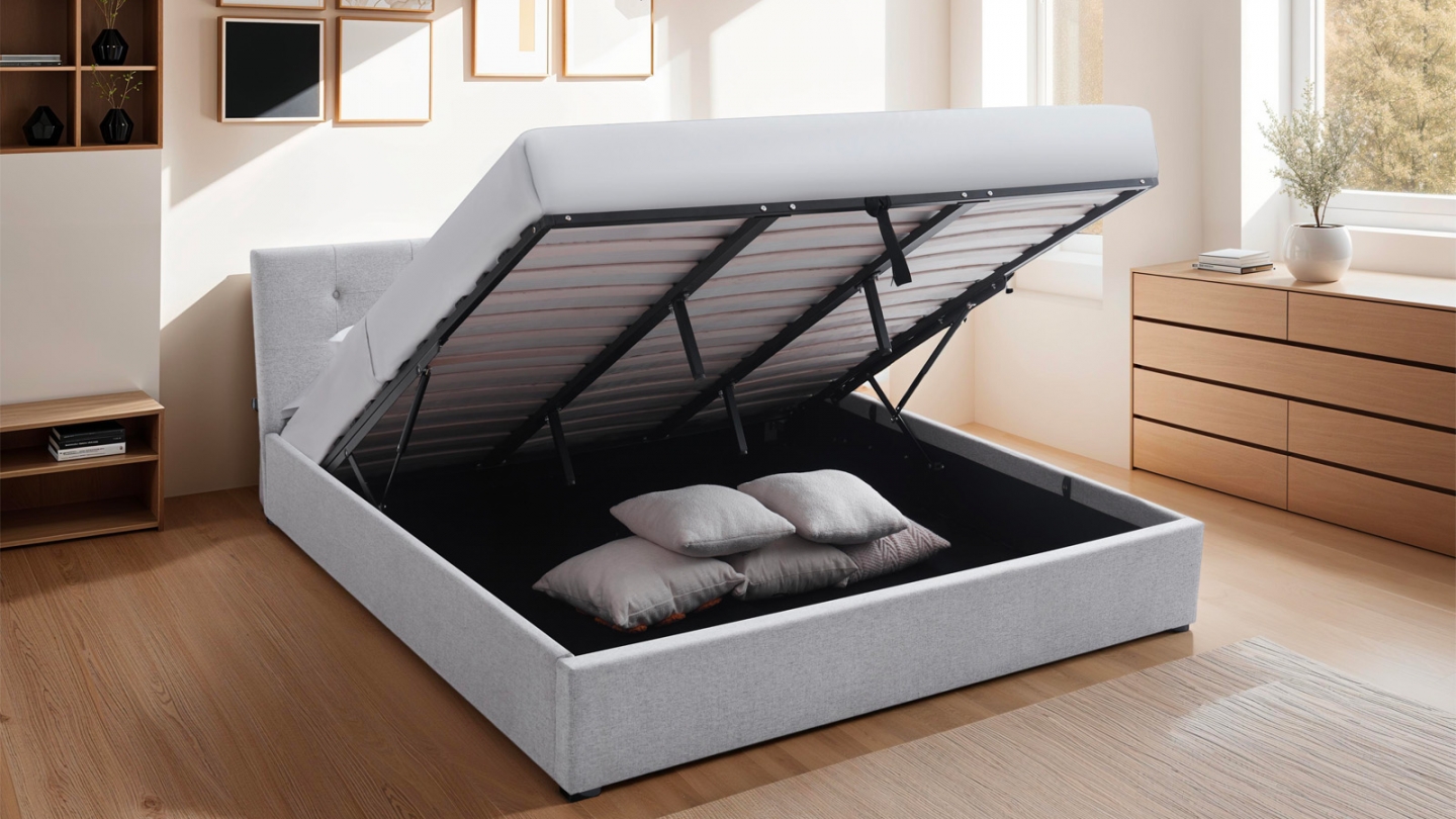 Lit coffre adulte 180x200 cm avec tête de lit capitonnée en tissu gris et sommier - Tina