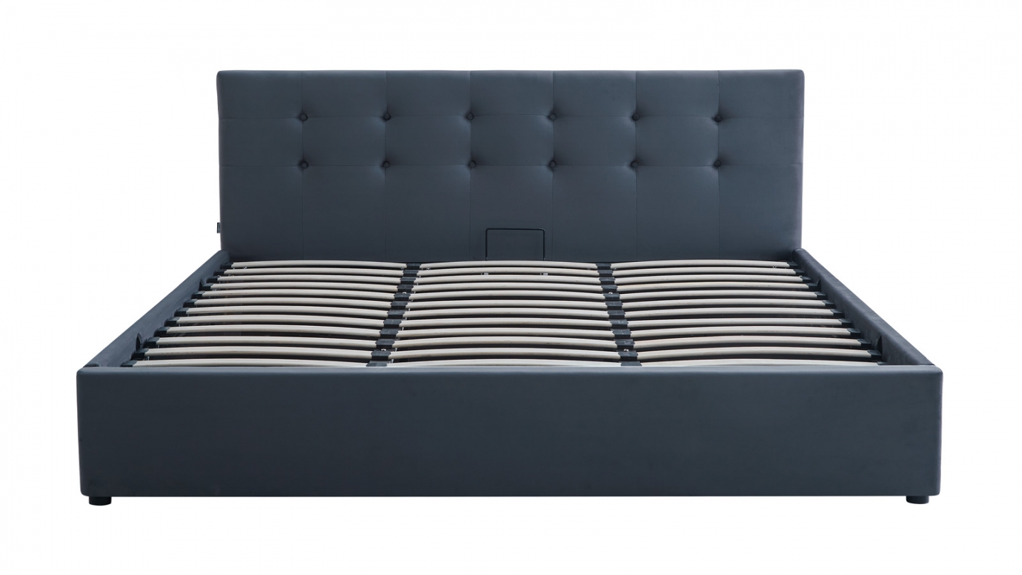 Lit coffre adulte 180x200 cm avec tête de lit capitonnée en velours gris foncé et sommier - Tina
