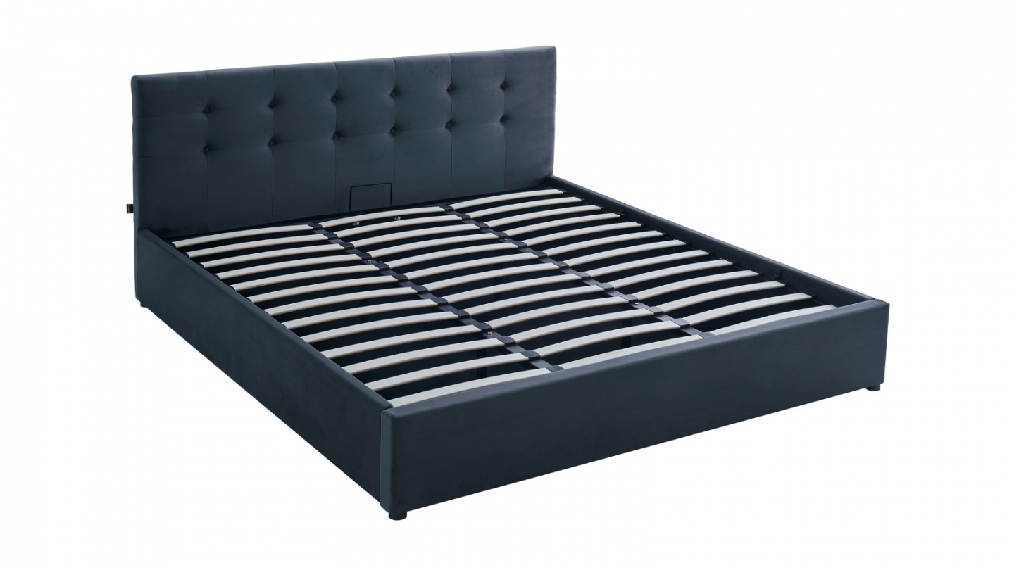 Lit coffre adulte 180x200 cm avec tête de lit capitonnée en velours gris foncé et sommier - Tina