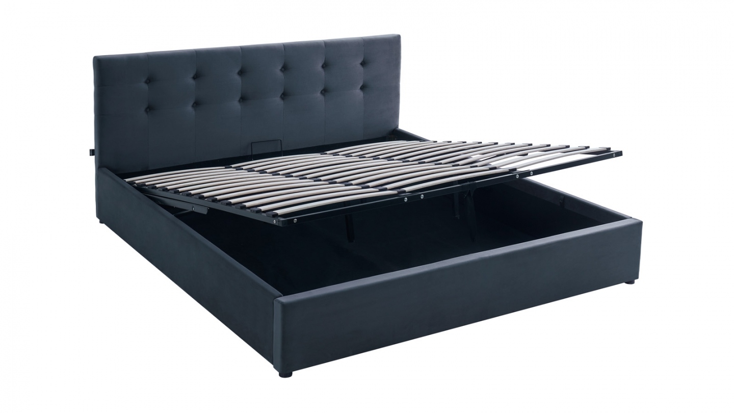 Lit coffre adulte 180x200 cm avec tête de lit capitonnée en velours gris foncé et sommier - Tina