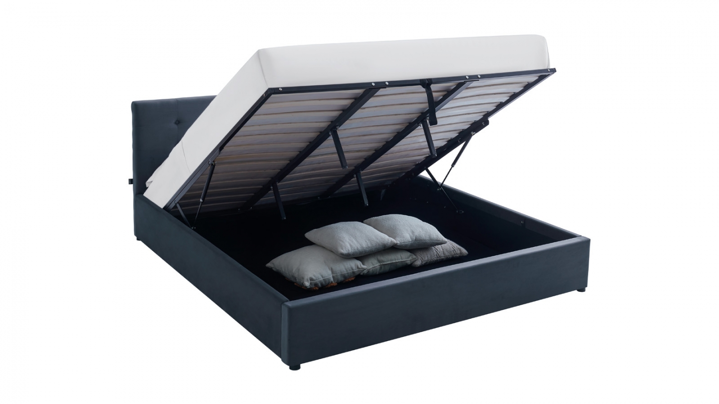 Lit coffre adulte 180x200 cm avec tête de lit capitonnée en velours gris foncé et sommier - Tina