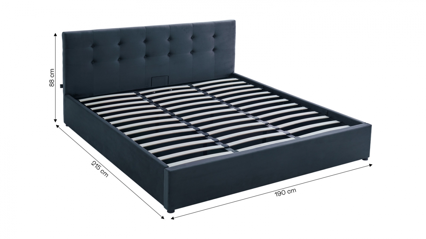 Lit coffre adulte 180x200 cm avec tête de lit capitonnée en velours gris foncé et sommier - Tina