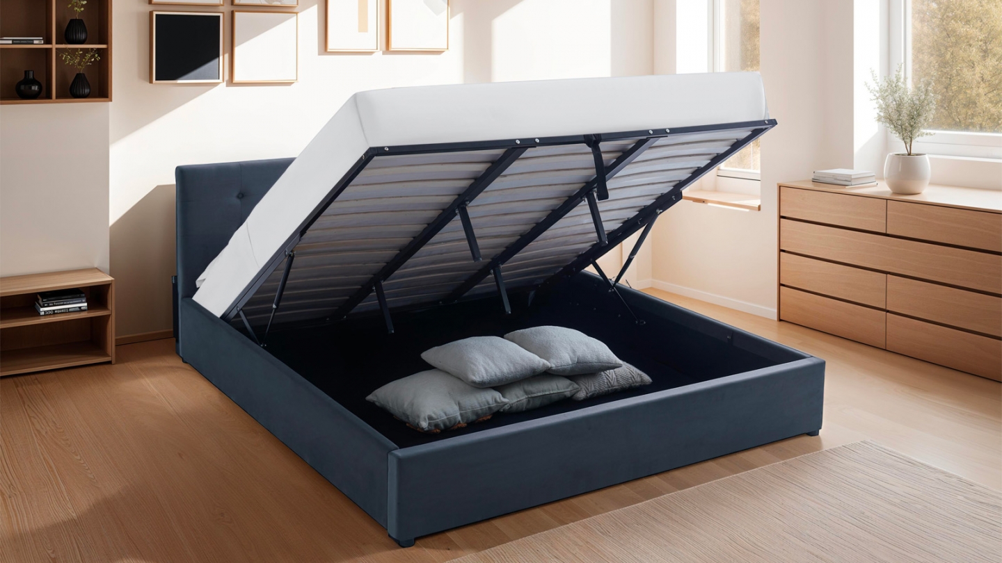 Lit coffre adulte 180x200 cm avec tête de lit capitonnée en velours gris foncé et sommier - Tina