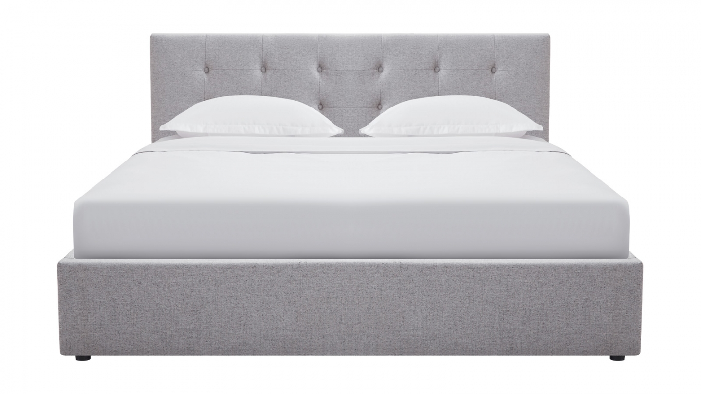 Lit coffre adulte 140x190 cm avec tête de lit capitonnée en tissu gris et sommier - Tina