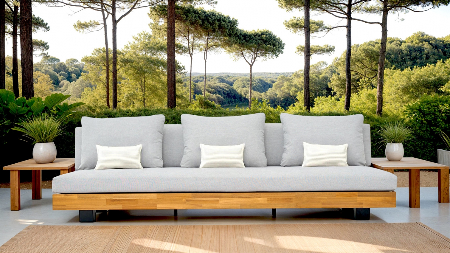 Canapé de jardin 3 places en bois FSC - coussins gris chiné - Capri