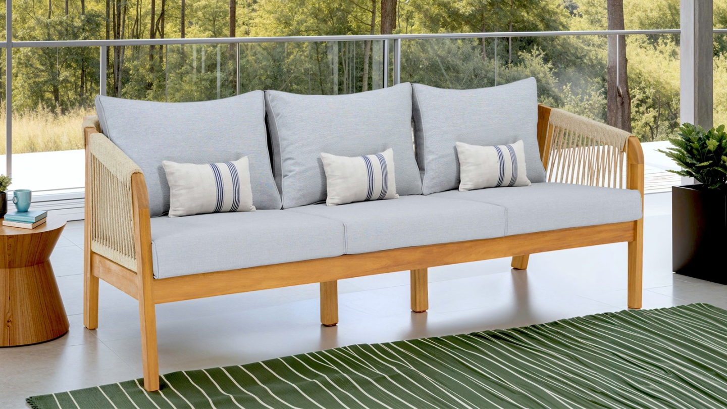 Canapé de jardin 3 places en bois FSC - coussins gris chiné - Symi