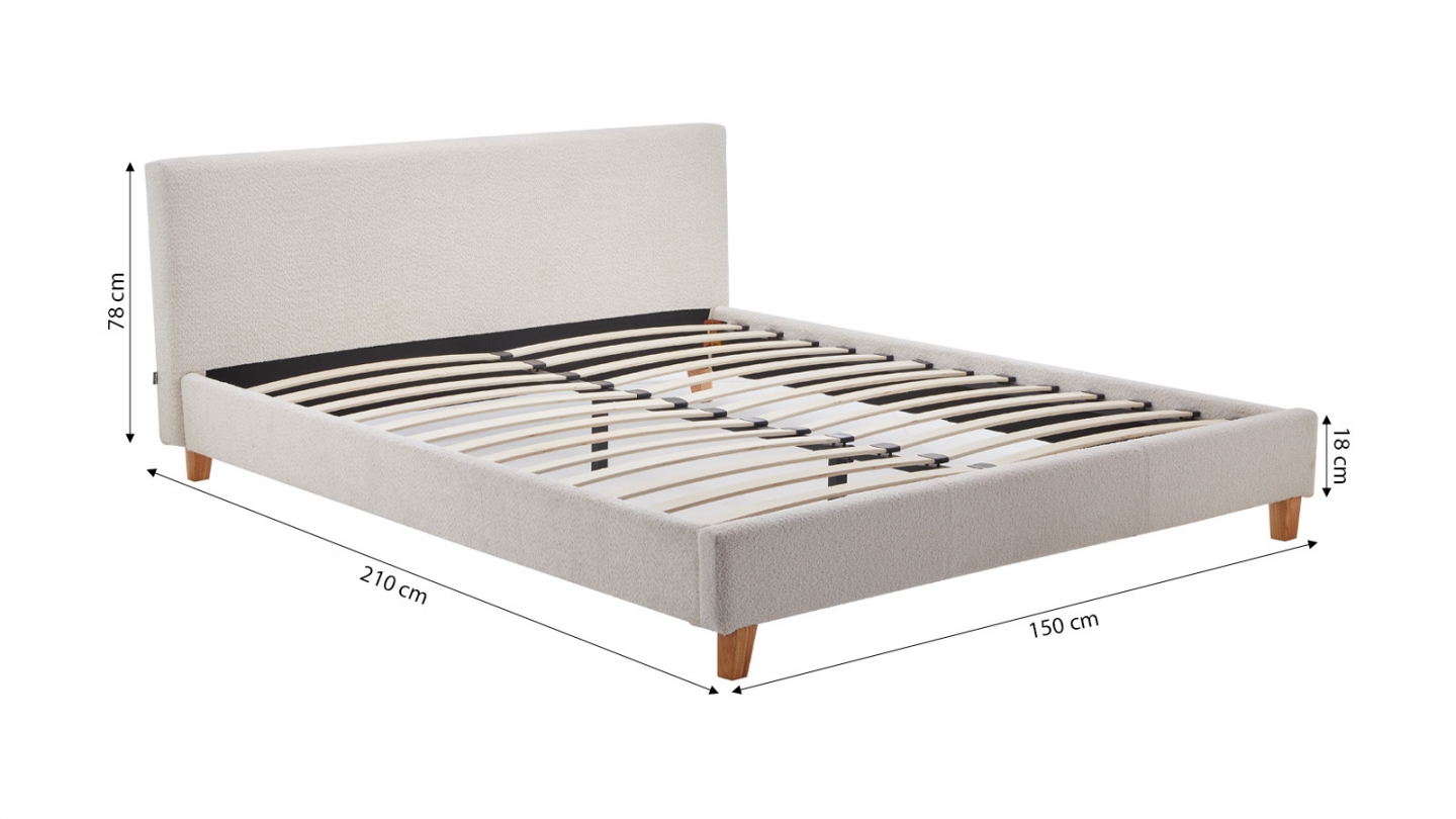 Lit adulte 140x190 cm avec tête de lit capitonnée en tissu bouclé beige - Milo