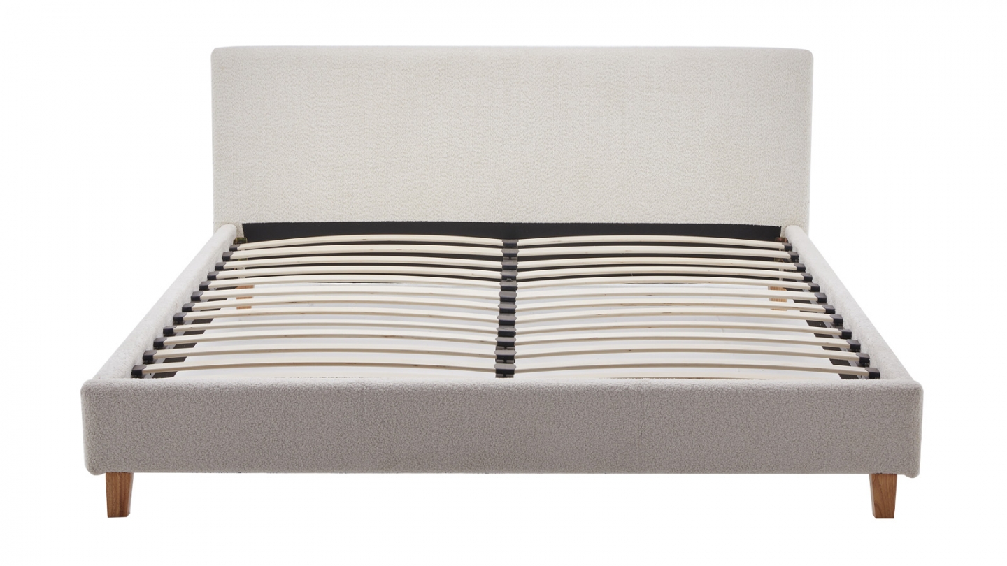 Lit adulte 140x190 cm avec tête de lit capitonnée en tissu bouclé beige - Milo