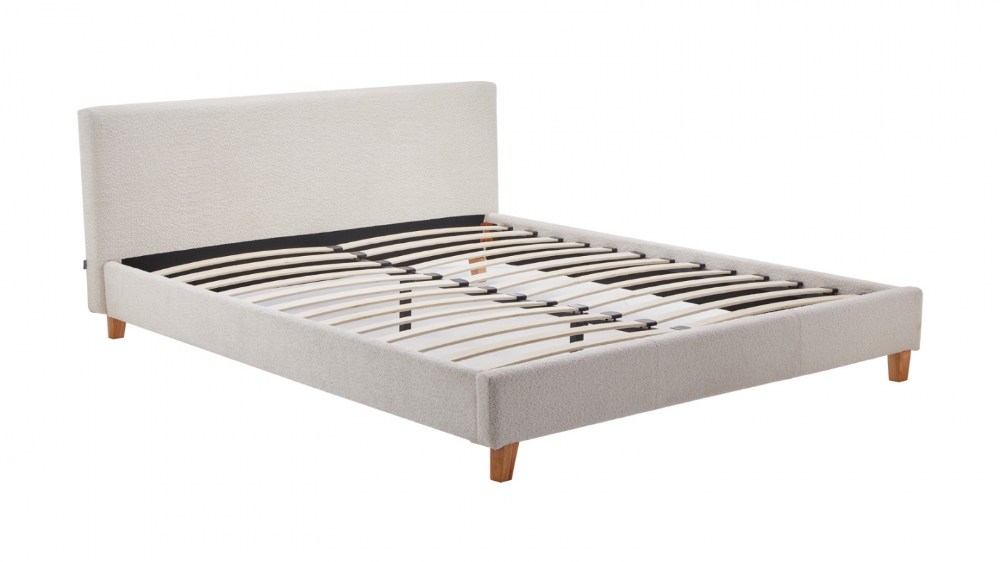 Lit adulte 140x190 cm avec tête de lit capitonnée en tissu bouclé beige - Milo