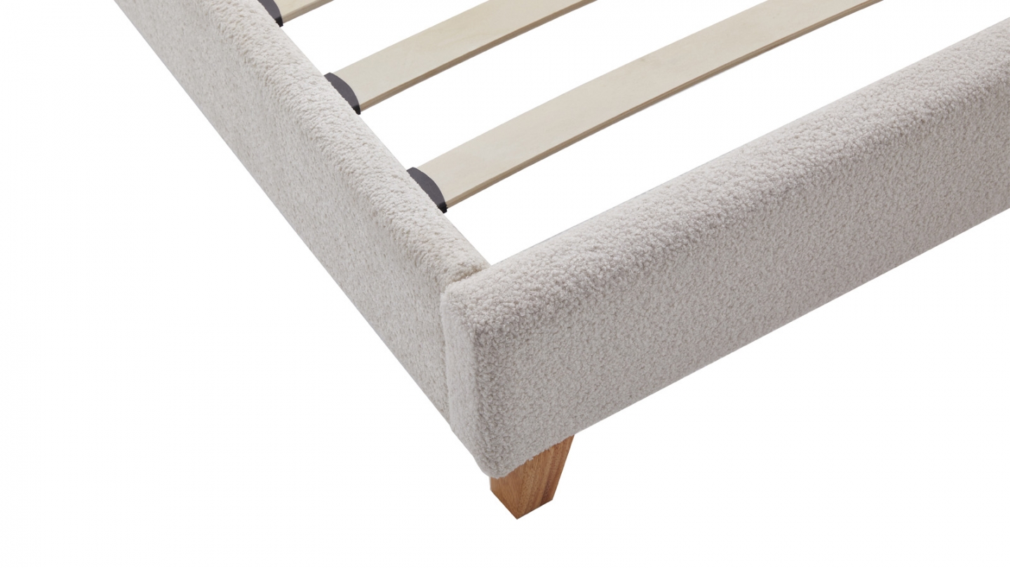 Lit adulte 140x190 cm avec tête de lit capitonnée en tissu bouclé beige - Milo