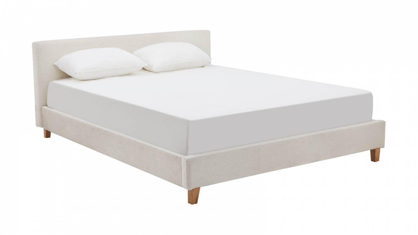 Lit adulte 140x190 cm avec tête de lit capitonnée en tissu bouclé beige - Milo