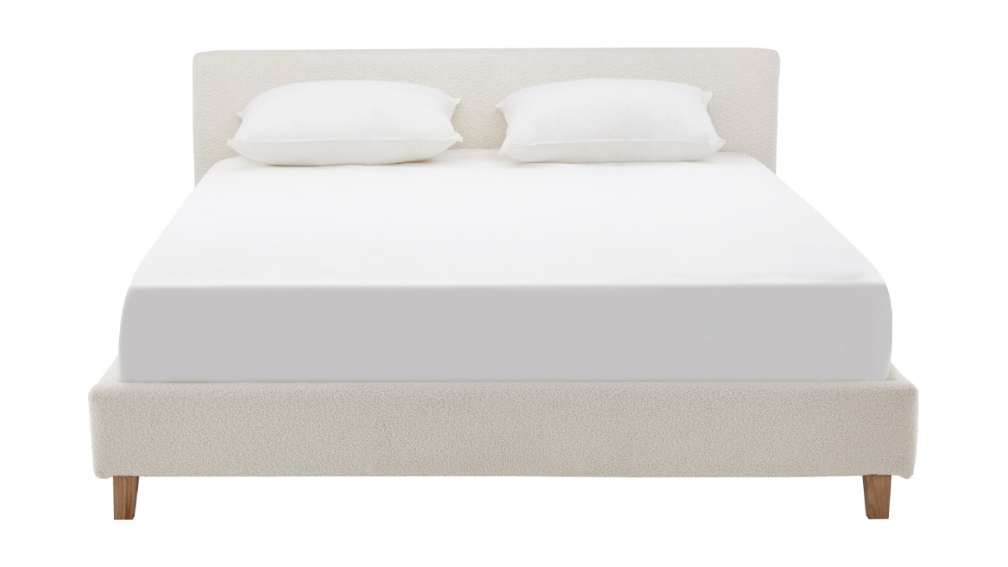 Lit adulte 140x190 cm avec tête de lit capitonnée en tissu bouclé beige - Milo