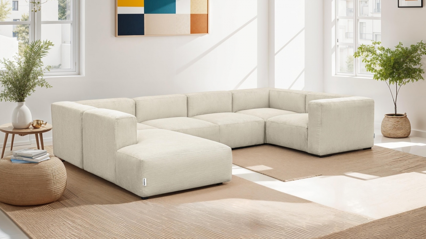 Canapé modulable panoramique 9 places ouvert à gauche en velours côtelé beige - Modulo