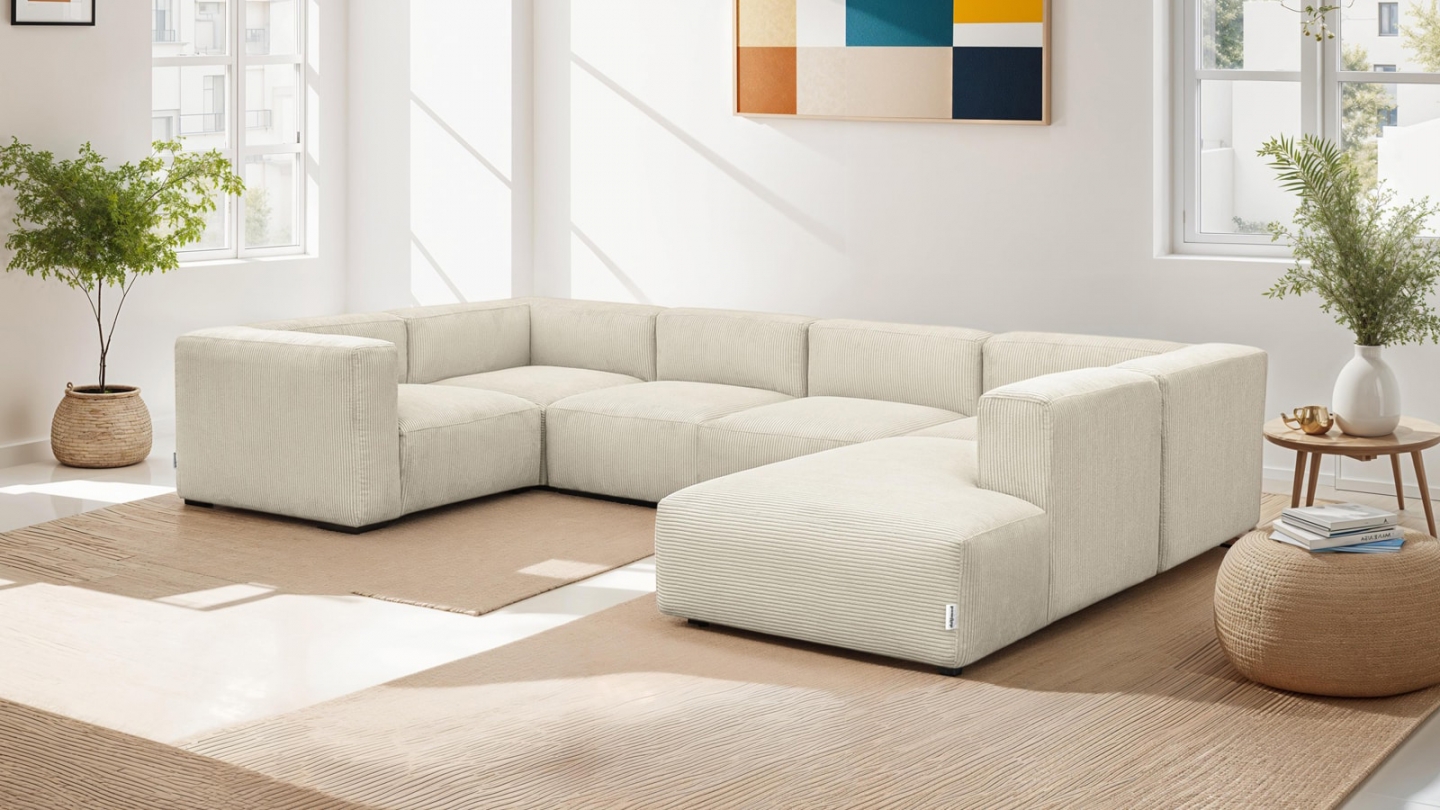 Canapé modulable panoramique 9 places ouvert à droite + pouf en velours côtelé beige - Modulo