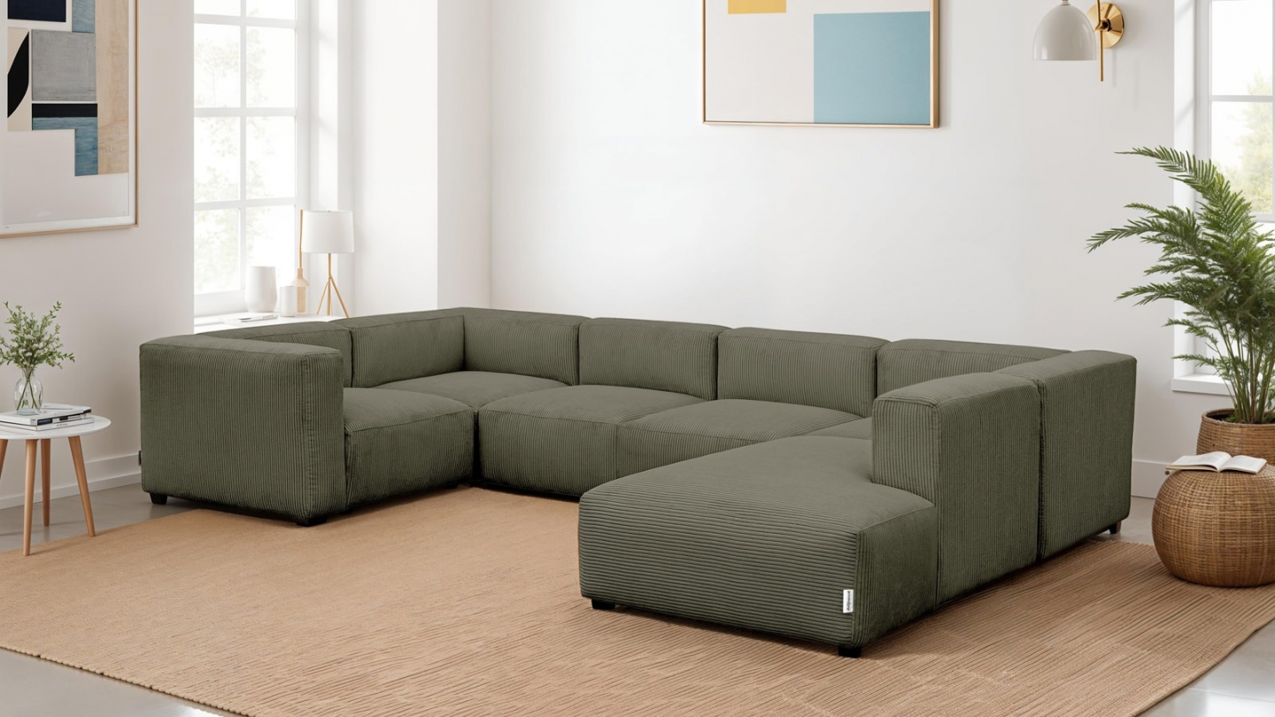 Canapé modulable panoramique 9 places ouvert à droite + pouf en velours côtelé vert kaki - Modulo