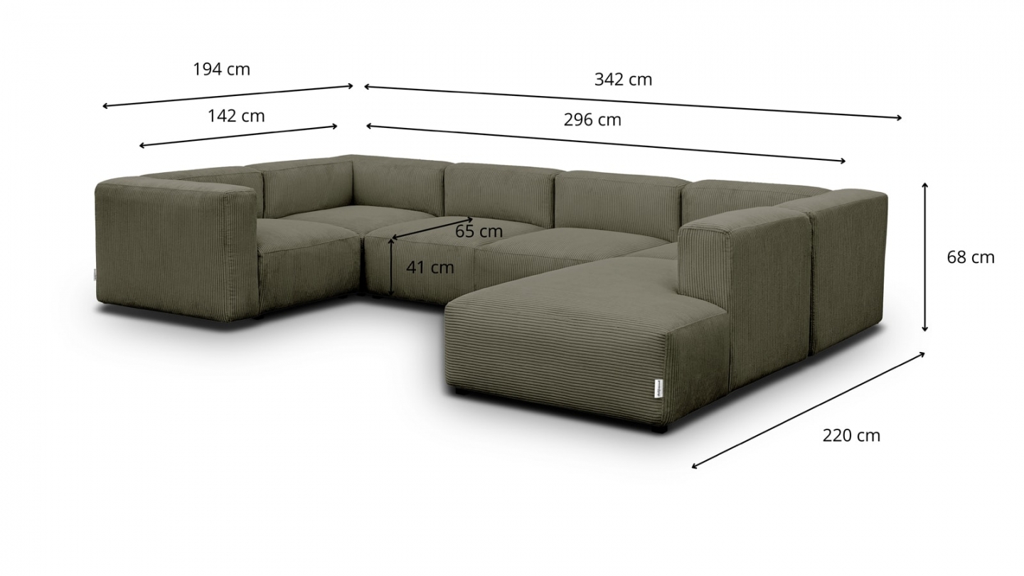 Canapé modulable panoramique 9 places ouvert à droite + pouf en velours côtelé vert kaki - Modulo
