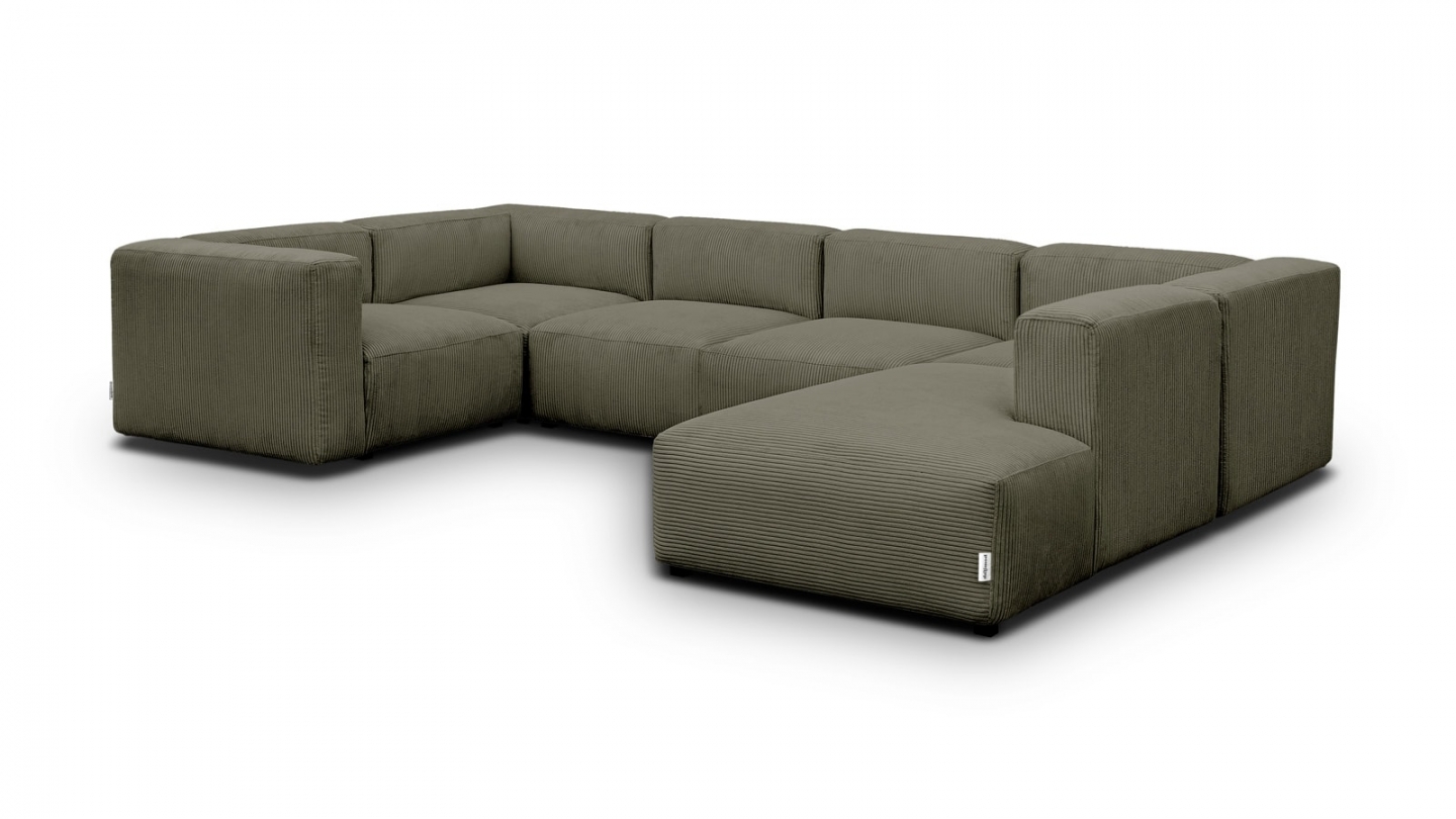 Canapé modulable panoramique 9 places ouvert à droite + pouf en velours côtelé vert kaki - Modulo