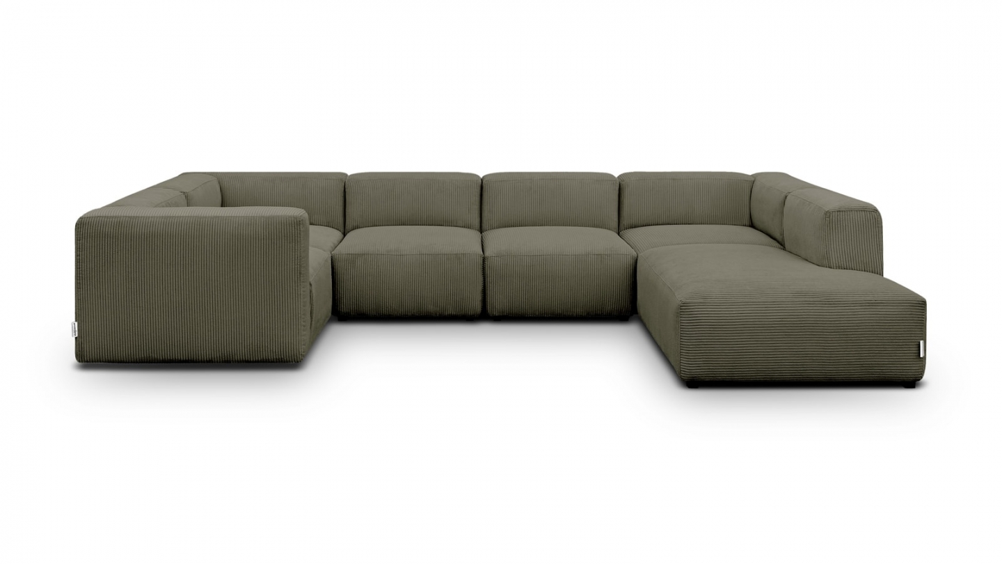 Canapé modulable panoramique 9 places ouvert à droite + pouf en velours côtelé vert kaki - Modulo