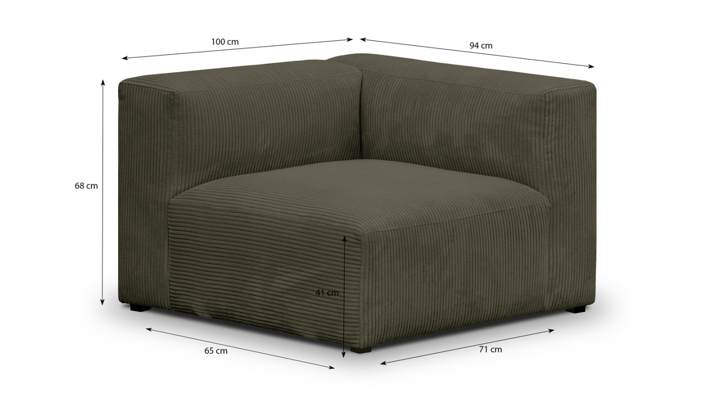 Canapé modulable panoramique 9 places ouvert à droite + pouf en velours côtelé vert kaki - Modulo
