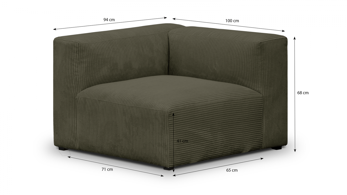 Canapé modulable panoramique 9 places ouvert à droite + pouf en velours côtelé vert kaki - Modulo