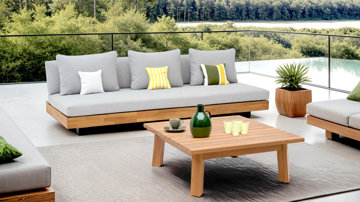 Salon de jardin 3 places en bois FSC - Coussins gris chiné - Capri