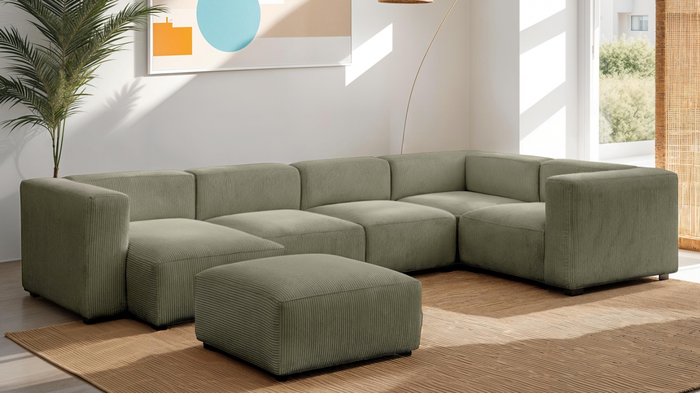 Canapé modulable panoramique 6 places avec méridienne à gauche + pouf en velours côtelé vert kaki - Modulo