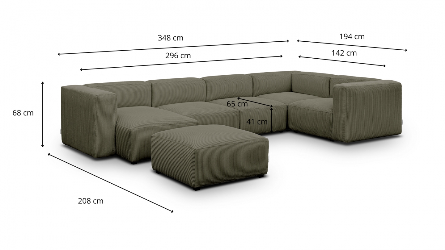 Canapé modulable panoramique 6 places avec méridienne à gauche + pouf en velours côtelé vert kaki - Modulo