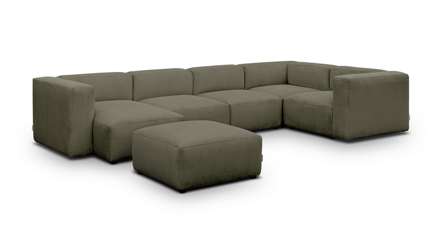 Canapé modulable panoramique 6 places avec méridienne à gauche + pouf en velours côtelé vert kaki - Modulo