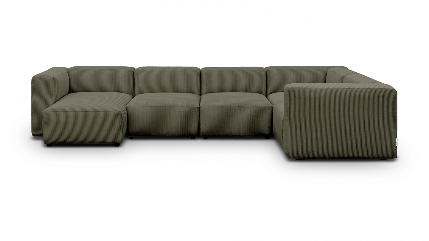 Canapé modulable panoramique 6 places avec méridienne à gauche + pouf en velours côtelé vert kaki - Modulo