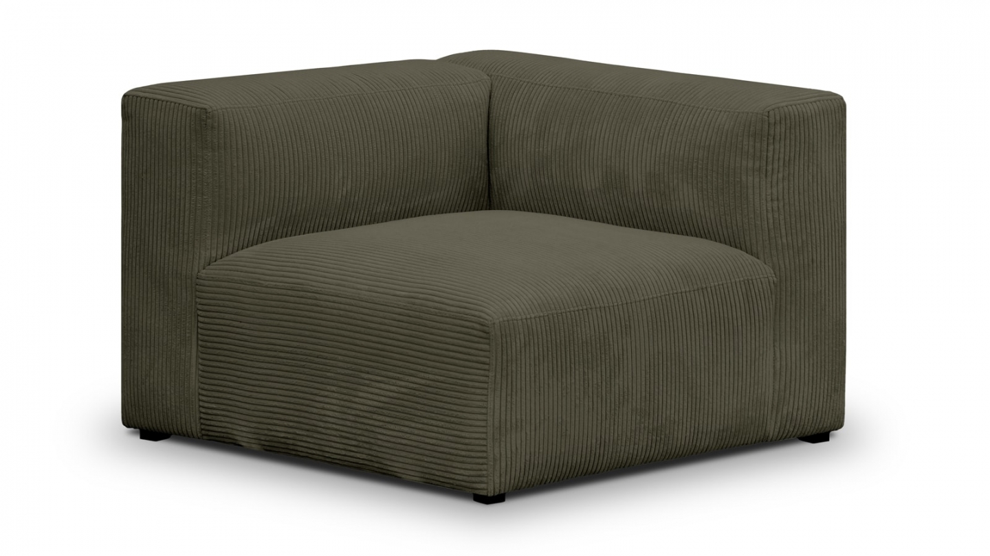 Canapé modulable panoramique 6 places avec méridienne à gauche + pouf en velours côtelé vert kaki - Modulo