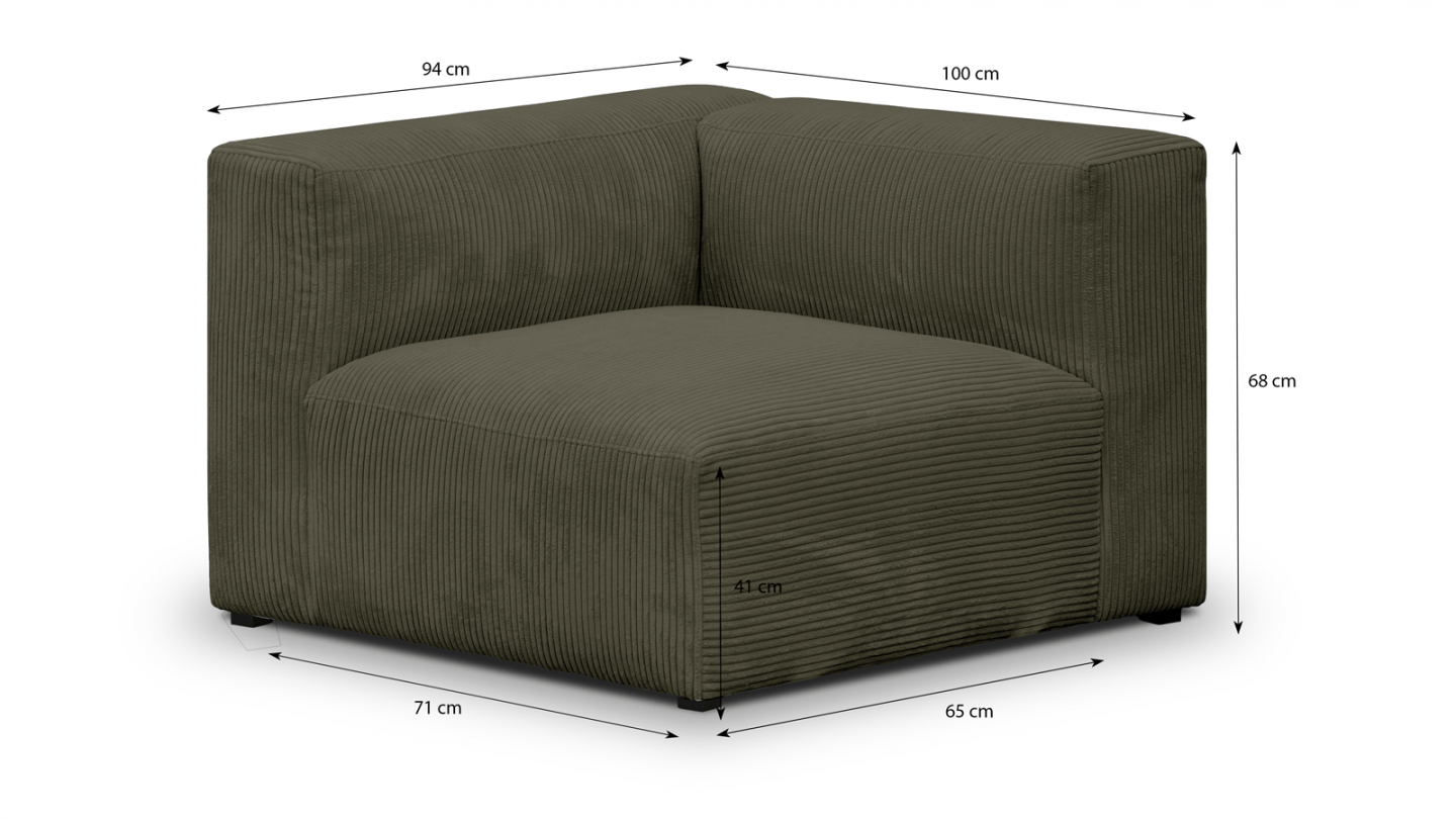 Canapé modulable panoramique 6 places avec méridienne à gauche + pouf en velours côtelé vert kaki - Modulo