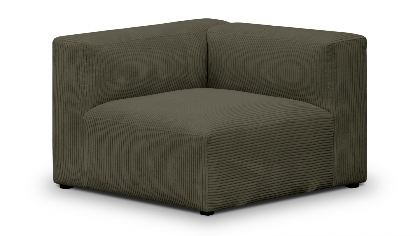 Canapé modulable panoramique 6 places avec méridienne à gauche + pouf en velours côtelé vert kaki - Modulo
