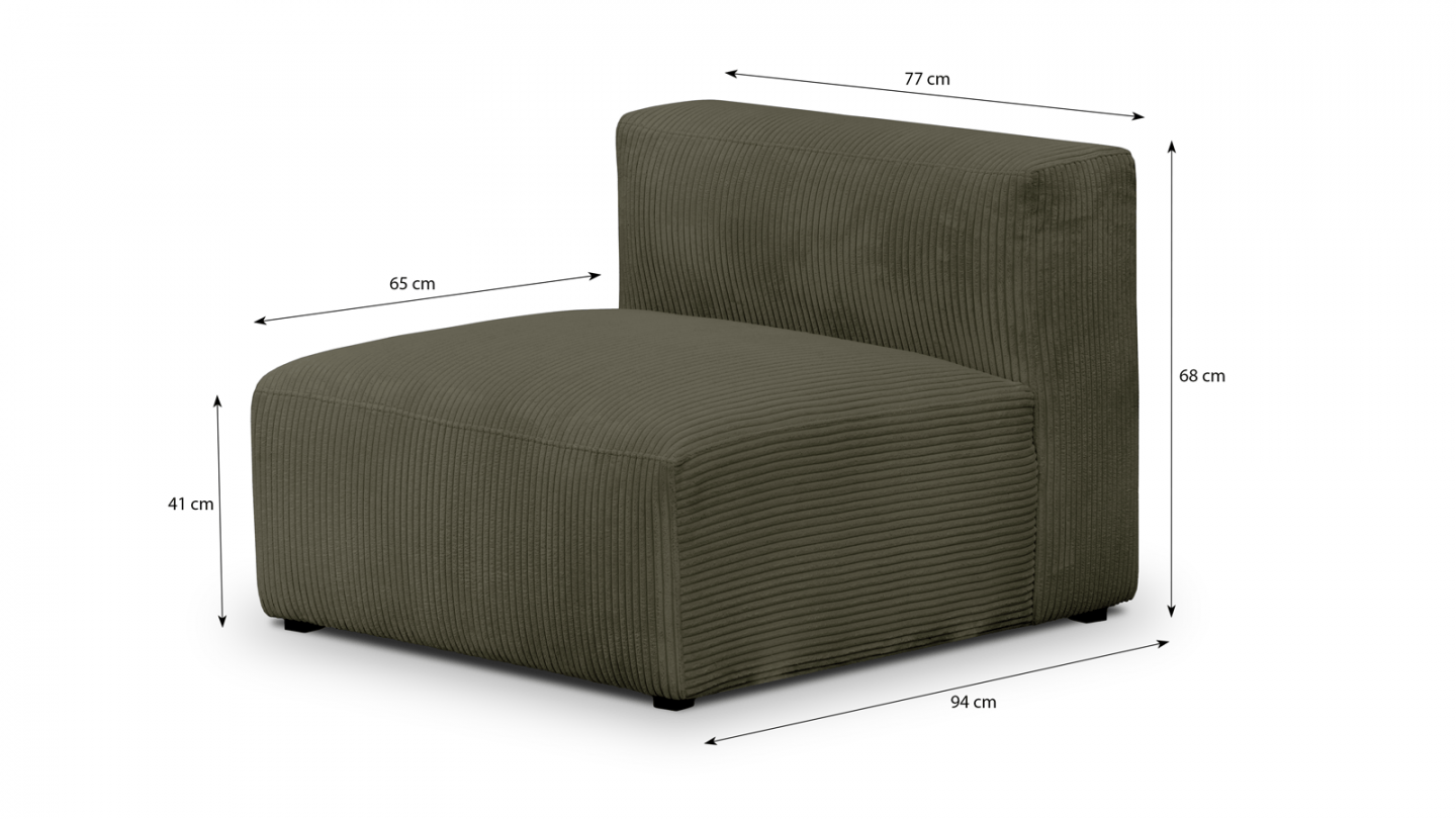 Canapé modulable panoramique 6 places avec méridienne à gauche + pouf en velours côtelé vert kaki - Modulo
