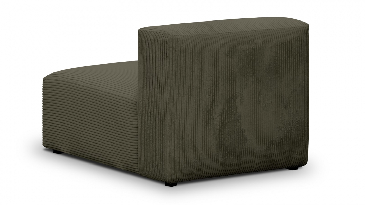 Canapé modulable panoramique 6 places avec méridienne à gauche + pouf en velours côtelé vert kaki - Modulo