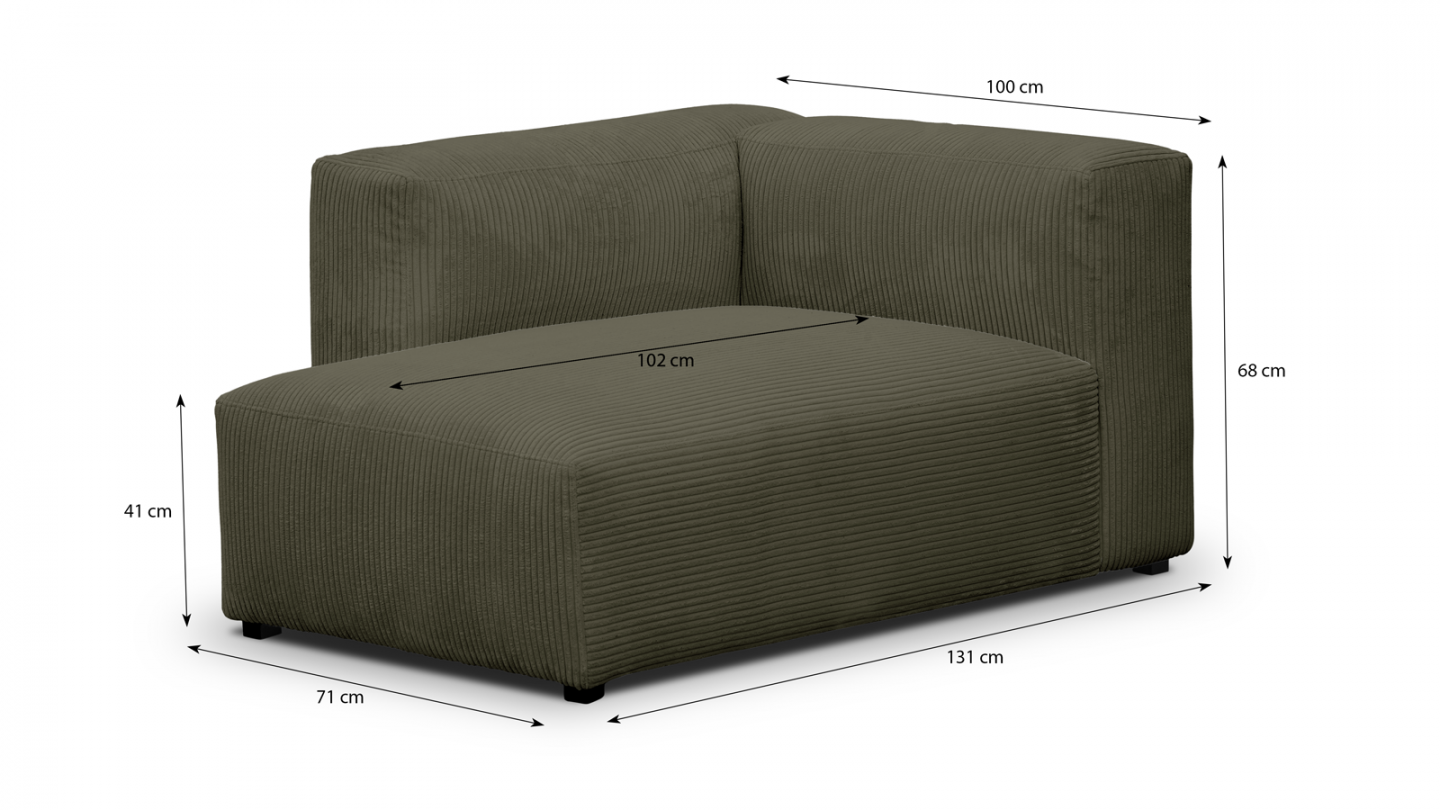 Canapé modulable panoramique 6 places avec méridienne à gauche + pouf en velours côtelé vert kaki - Modulo