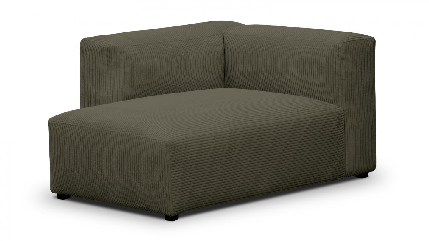 Canapé modulable panoramique 6 places avec méridienne à gauche + pouf en velours côtelé vert kaki - Modulo