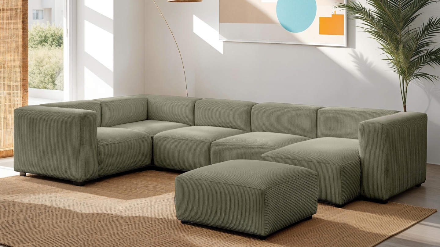 Canapé modulable panoramique 6 places avec méridienne à droite + pouf en velours côtelé vert kaki - Modulo